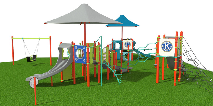 Rendering of am orange and green playground on green turf with gray and blue shade structures. 