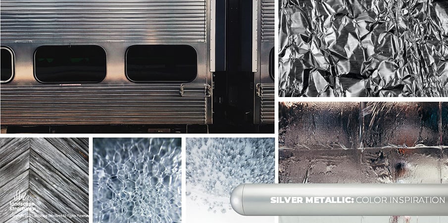 Collage of images of metallic gray and silver as it appears in the outside world, like frosty trees in a forest, aluminum foil, and a subway train, to illustrate the inspiration behind the "silver metallic" playground paint shade.
