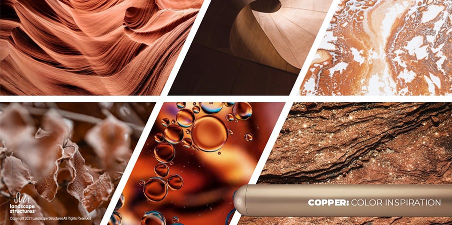 Collage of images showing dunes, dry leaves, sand and rock that is the inspiration for the reddish-brown paint color "copper".