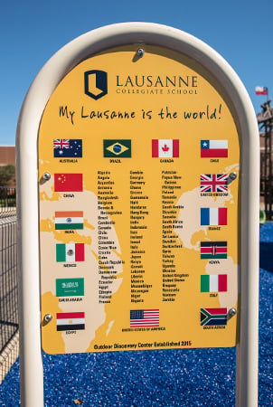 Sign reading "Lausanne collegiate school" with images of flags and the names of countries. 
