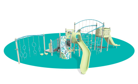 Aqua oval graphic with a light greenish-yellow playground rendered on top