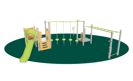 Dark green oval with orange and lime green playground render