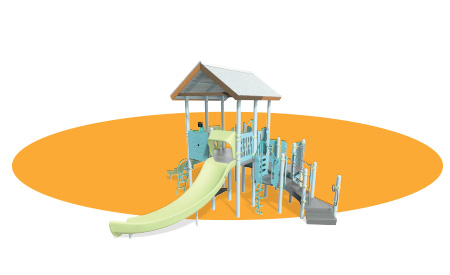 Orange oval with a yellow and blue playground rendered on it