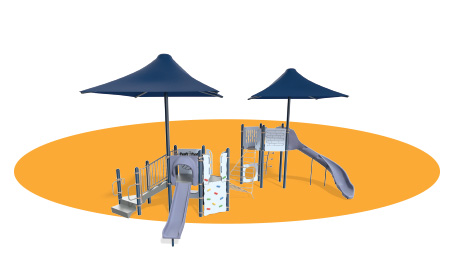 Navy blue and gray playground render over an orange oval