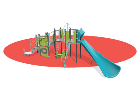 Bright red oval with lime green and turquoise playground render