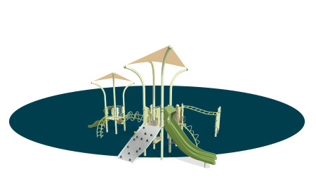 Dark aqua oval with a green and gray playground rendering on it