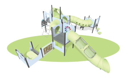 lime green oval with rendering of a toddler playground over the top in lime green and light blue colors