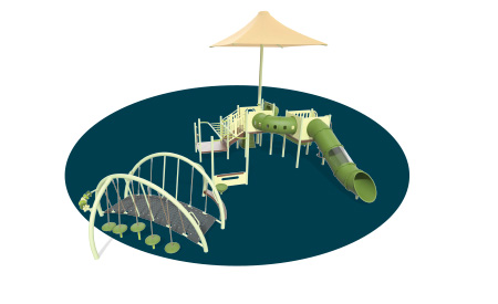 navy blue oval with playground over the top