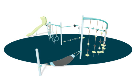 Navy blue oval with a playground render superimposed