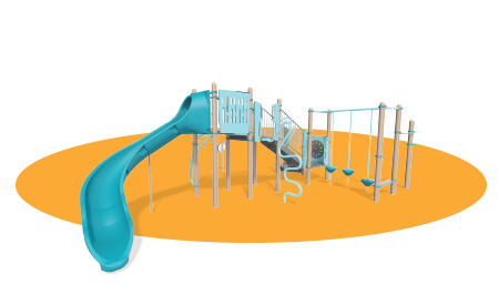 Orange oval with render of a turquoise playground