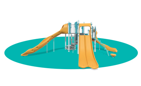 A turquoise oval with an orange playground render overlaid