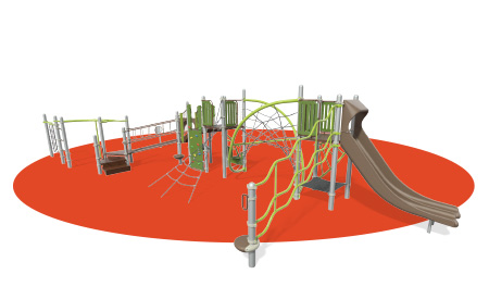 Red oval with brown and yellow playground render in the foreground