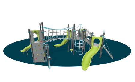A dark aqua oval with a yellow and brown playground render on top