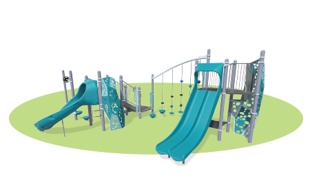 An aqua playground on top of a lime oval of color.