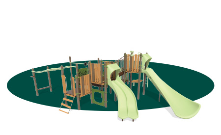 Dark green oval of color with a light green and wood-toned playground rendered on top