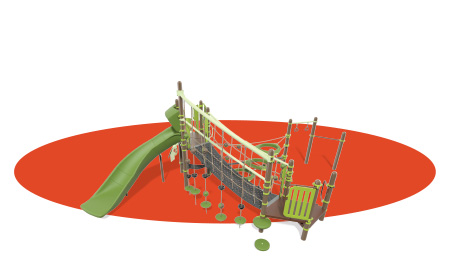 A red oval with a lime green and brown playground render