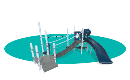 A turquoise oval with a dark gray-blue and gray playground render