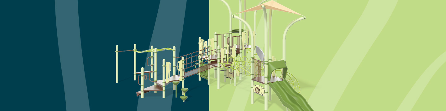 A webpage hero with a background that is one side navy, one side lime green, and a rendering of a playground over the top.