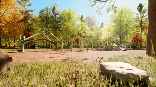 A Forma playground rendering among fall-colored trees