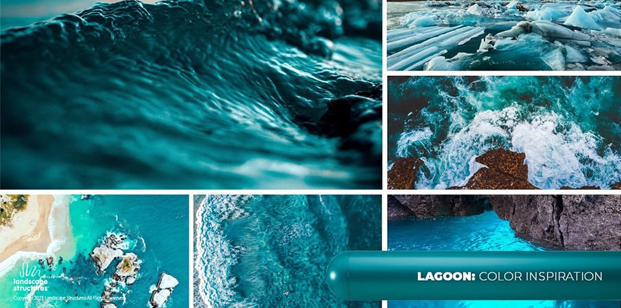 Collage of images of medium blue-green water to illustrate the inspiration for the "lagoon" paint color.