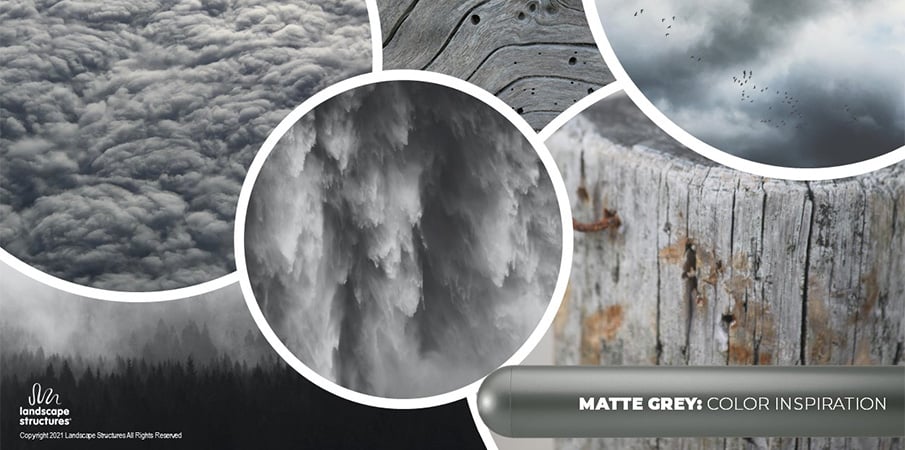 Collage of images of clouds, a stormy sky and stormy water, as well as aged, decayed wood to showcase the inspiration behind the "matte gray" color shade.