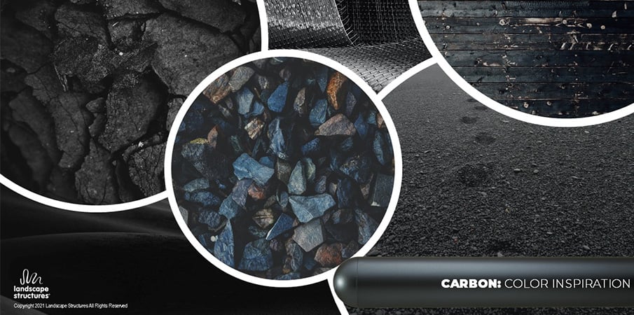 Collage of images of charcoal, black rocks and sand dunes at night to show the inspiration behind the "carbon" paint color.