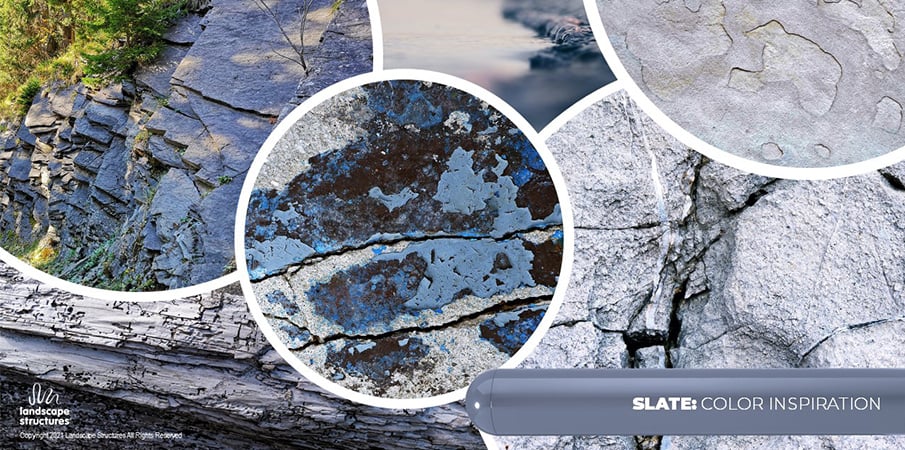 Collage of images of rocks and blue lichen to showcase the inspiration behind the color "slate" for playground components.