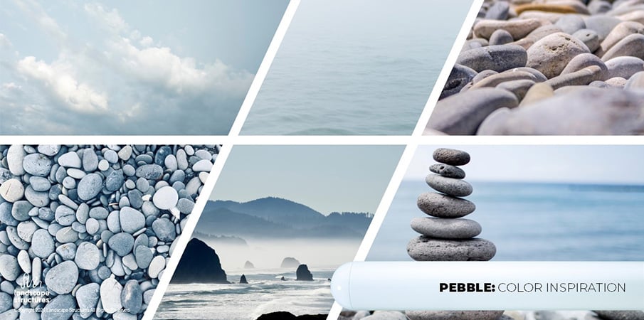 Collage of gray-blue rocks, sky and seascapes to illustrate the inspiration behind the "pebble" color.