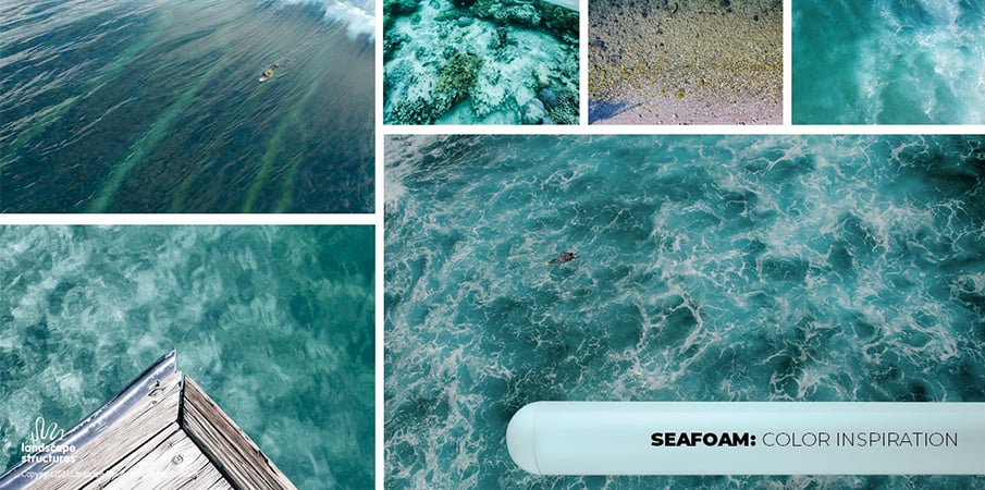 Collage of images of medium green-blue, aqua-colored ocean to illustrate the inspiration behind the "seafoam" paint color.