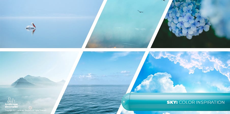 Collage of light blue images showing natural scenes like sky and water.