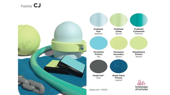 Color palette showing light blue, lime green, dark gray and navy blue.