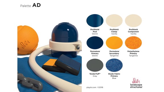 Color palette made up of oranges and dark blues.