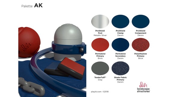 Color palette made up of silver, dark blue and dark red.
