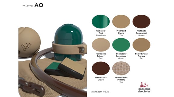 Color palette of green, brown and tan.