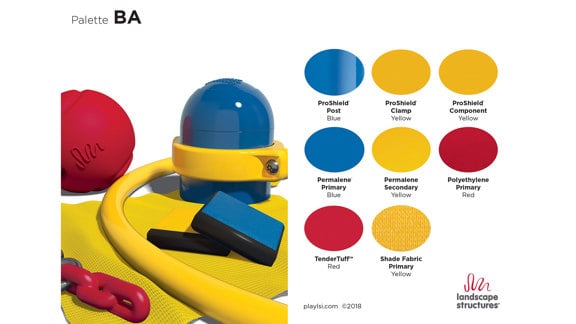 A color palette showing bright primary yellow, blue and red.