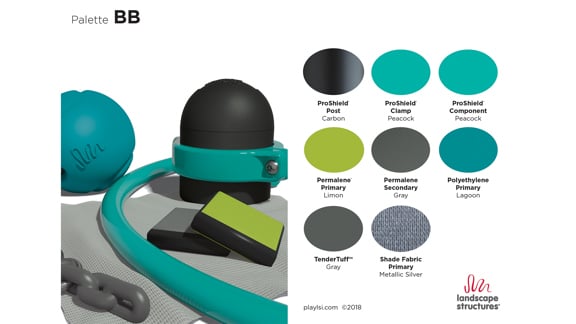 Aqua-green, blue and bright green components showcasing Palette BB for Landscape Structures playgrounds.
