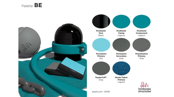 A color palette including charcoal, dark teal and sky blue.