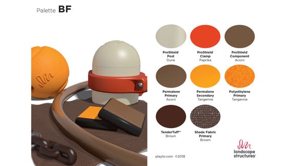 A color palette including oranges, beige, and various colors of brown.