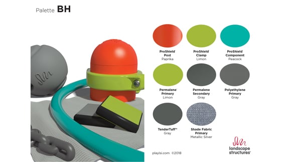 Gray, turquoise and bright green playground components showcasing palette BH from Landscape Structures.