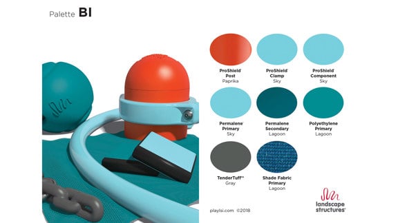 A color palette showing bright red, sky blue, dark teal, charcoal colors.