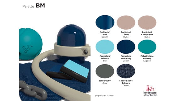 A color palette including tan, sky blue, dark greenish blue, and charcoal.