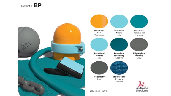 A color palette including orange, sky blue, medium greenish blue, and charcoal.