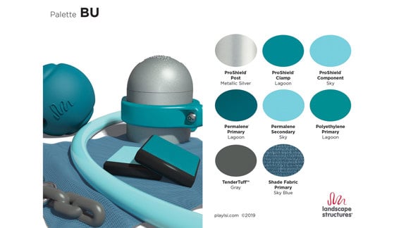 A color palette showing bright turquoise blue, teal, charcoal and silver colors.