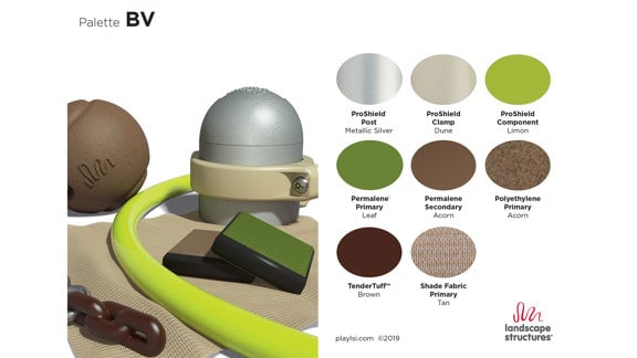 A color palette including browns, olive greens, tans and silver.