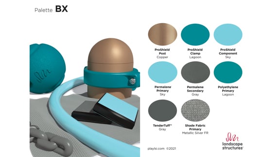 Teal, light blue, brown and gray-colored playground components, showcasing an example of the Palette BX.