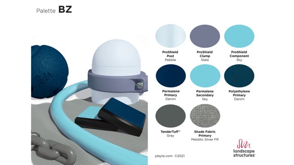 Dark blue, light blue and gray-colored playground components showcasing Palette BZ.