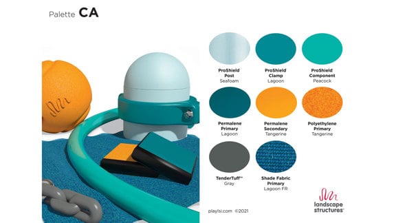 Color palette with orange, teals and gray.