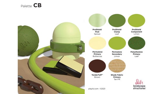 A color palette including light yellow, lime green, olive green and medium tan.
