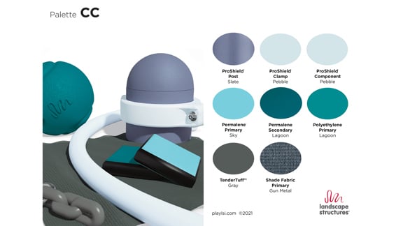 Teal, gray-blue, blues and grays showcase the CC color palette from Landscape Structures for playground components.