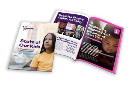 Image shows an open magazine with the State of Our Kids text on the cover and an inside article